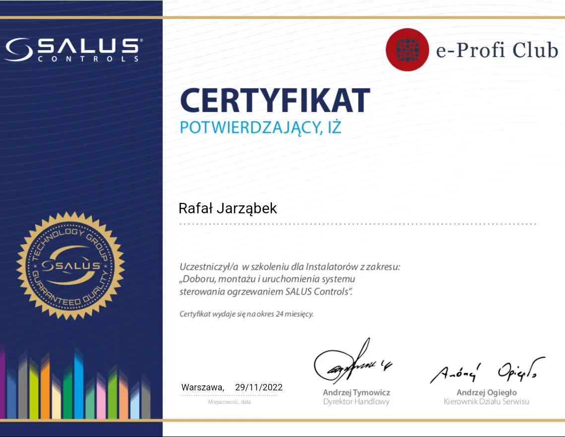 Certyfikat ukończenia szkolenia dla instalatorów systemów sterowania ogrzewaniem Salus Controls, z pieczęciami, podpisami i datą wydania.