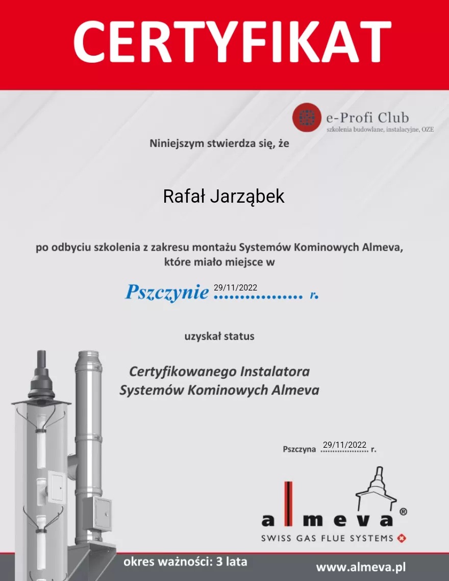 Certyfikat Certyfikowanego Instalatora Systemów Kominowych Almeva dla Rafała Jarząbka, wydany przez e-Profi Club w Pszczynie, ważny 3 lata, z logo Almeva.