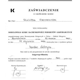 📜Samodzielny księgowy-bilansista

Imię i nazwisko: Wioletta Krzeszowska

📅 Data ukończenia kursu: 19 stycznia 2002 r.
