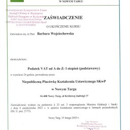 📜Podatek VAT od A do Z – I stopień (podstawowy)

Pani Barbara Wojciechowska ukończyła kurs organizowany przez Stowarzyszenie Księgowych w Polsce – Oddział Okręgowy w Krakowie.