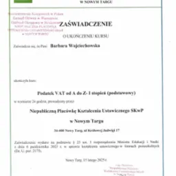 Skan zaświadczenia o ukończeniu kursu 'Podatek VAT od A do Z' przez Barbarę Wojciechowską, wydanego przez Stowarzyszenie Księgowych w Polsce.