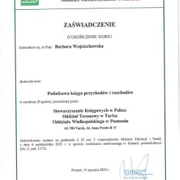 📜Podatkowa księga przychodów i rozchodów

Pani Barbara Wojciechowska ukończyła kurs organizowany przez STOWARZYSZENIE KSIĘGOWYCH W POLSCE ODDZIAŁ TERENOWY W TURKU ODDZIAŁU WIELKOPOLSKIEGO W POZNANIU