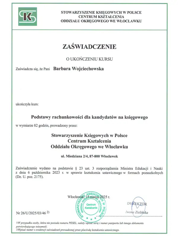 Zaświadczenie o ukończeniu kursu z podstaw rachunkowości dla kandydatów na księgowego, wydane przez Stowarzyszenie Księgowych w Polsce.
