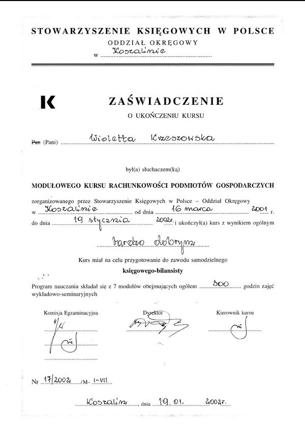 Skan zaświadczenia o ukończeniu kursu rachunkowości przez Wiolettę Krzeszowską, wydanego przez Stowarzyszenie Księgowych w Polsce, Oddział Okręgowy w Koszalinie.