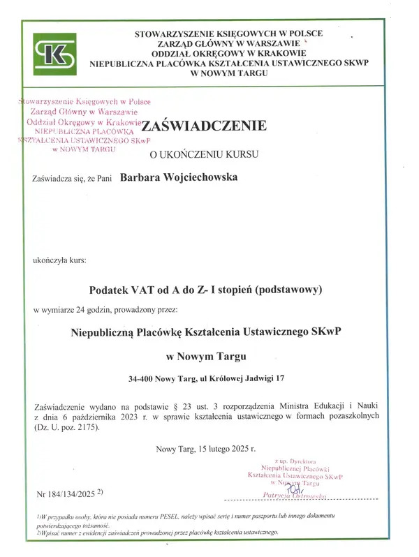 Skan zaświadczenia o ukończeniu kursu 'Podatek VAT od A do Z' przez Barbarę Wojciechowską, wydanego przez Stowarzyszenie Księgowych w Polsce.