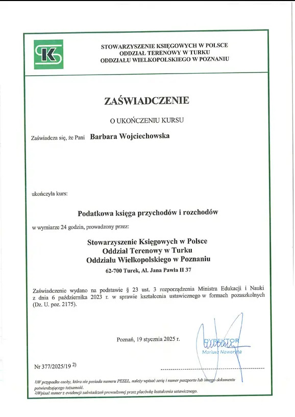 Zaświadczenie o ukończeniu kursu 'Podatkowa księga przychodów i rozchodów' przez Barbarę Wojciechowską, wydane przez Stowarzyszenie Księgowych w Polsce.