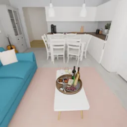 Wizualizacja wnętrza: turkusowa sofa z białymi poduszkami, białe meble kuchenne, stół z krzesłami, gitara w rogu, przekąski na stoliku kawowym, różowy dywan.