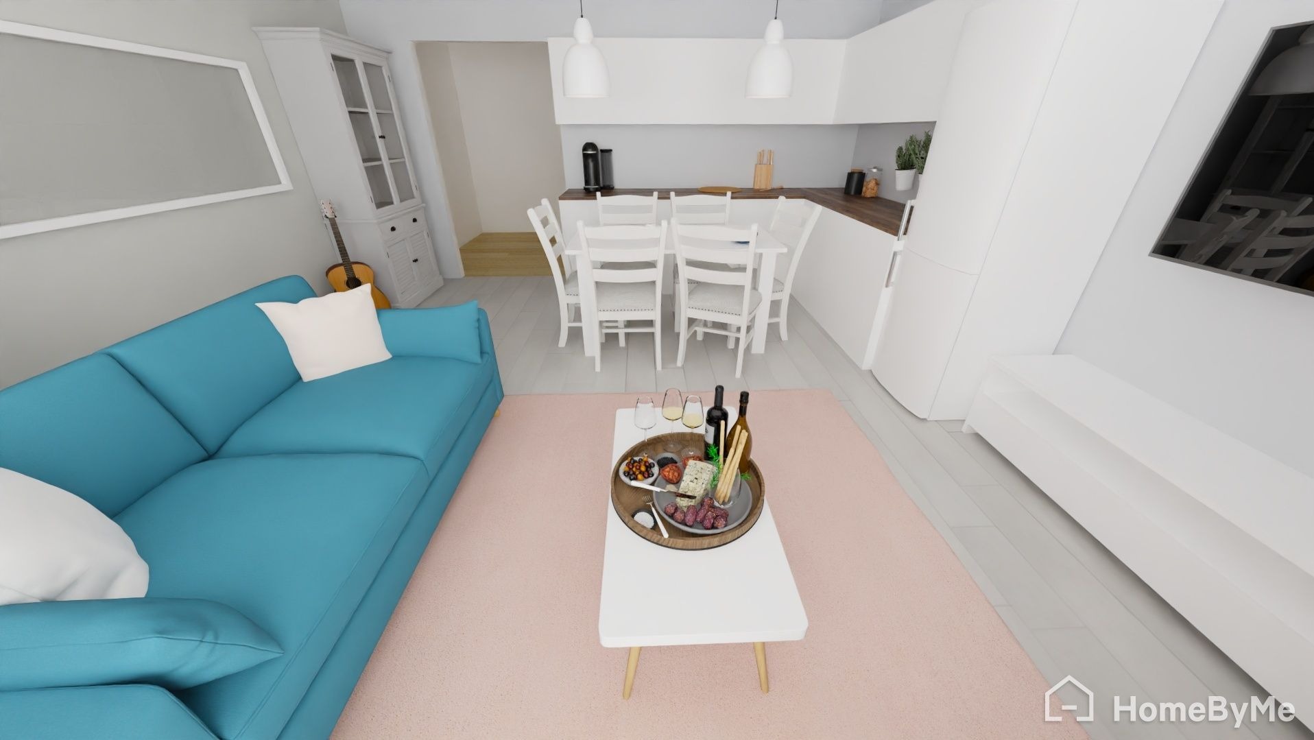 Wizualizacja wnętrza: turkusowa sofa z białymi poduszkami, białe meble kuchenne, stół z krzesłami, gitara w rogu, przekąski na stoliku kawowym, różowy dywan.