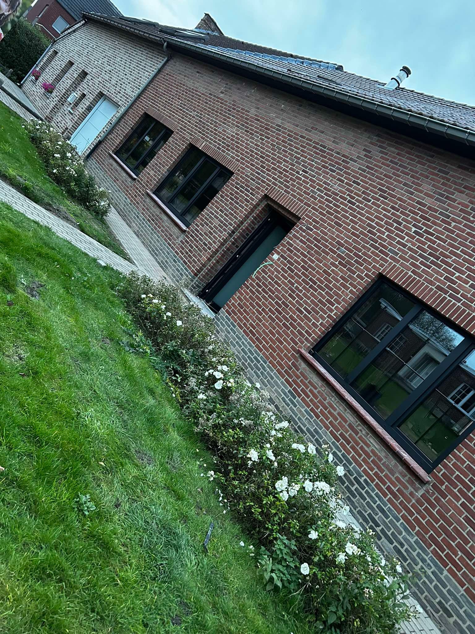Ceglany dom z czarnymi ramami okiennymi, widok z zewnątrz, trawnik z kwitnącymi krzewami róż, ukośne ujęcie.