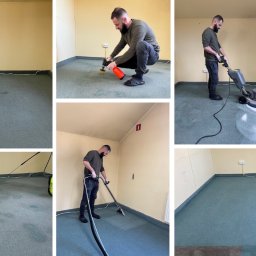 A.P. Alfa Sp. z o.o. - Seria ujęć prezentująca proces czyszczenia zielonego dywanu w pomieszczeniu o żółtych ścianach, z użyciem różnych urządzeń czyszczących przez mężczyznę z brodą, od stanu zabrudzonego do odświeżonego.