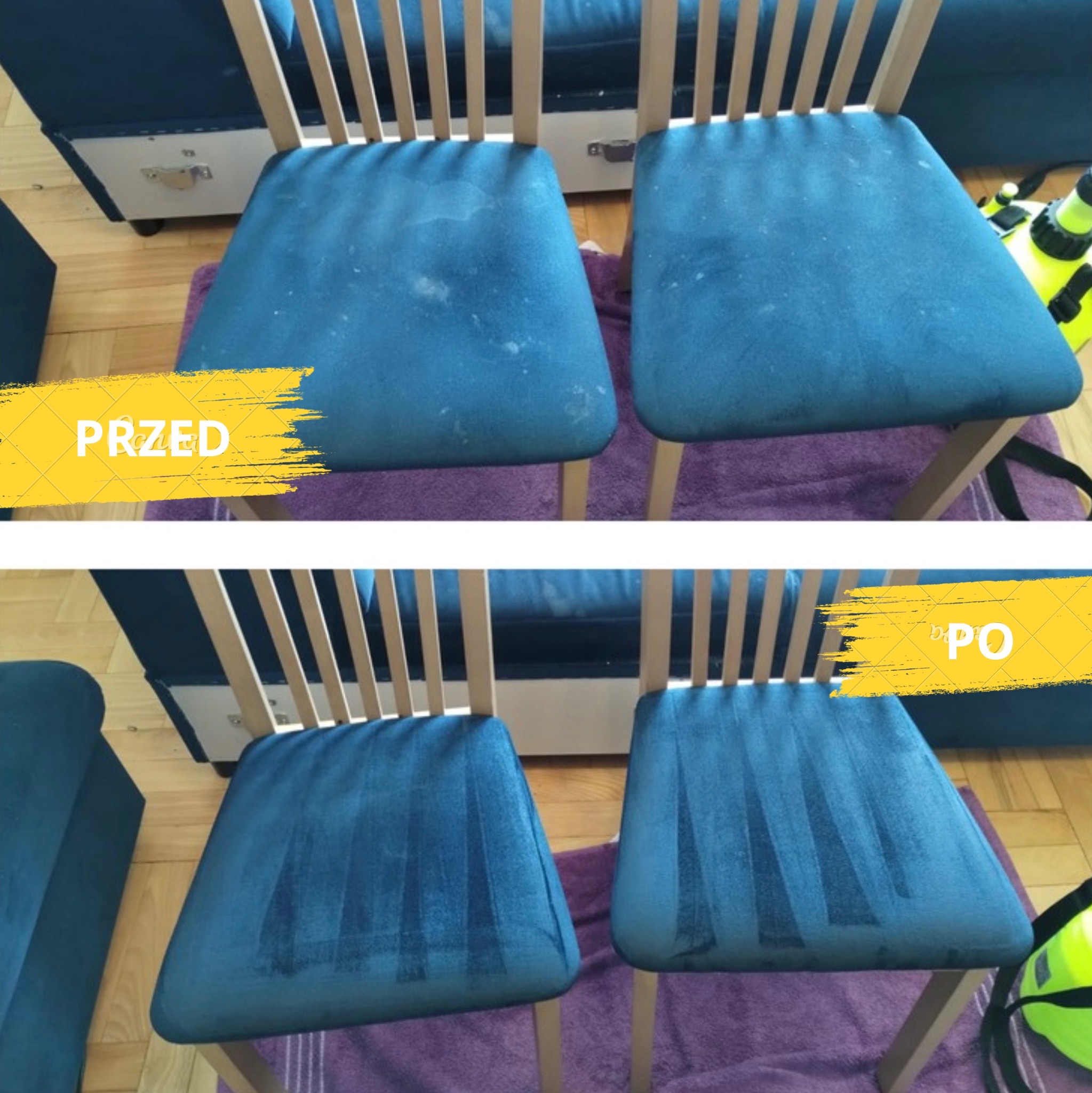 Porównanie krzeseł tapicerowanych przed i po czyszczeniu, widoczne różnice w kolorze i usuniętych plamach na siedziskach, ujęcie z góry.
