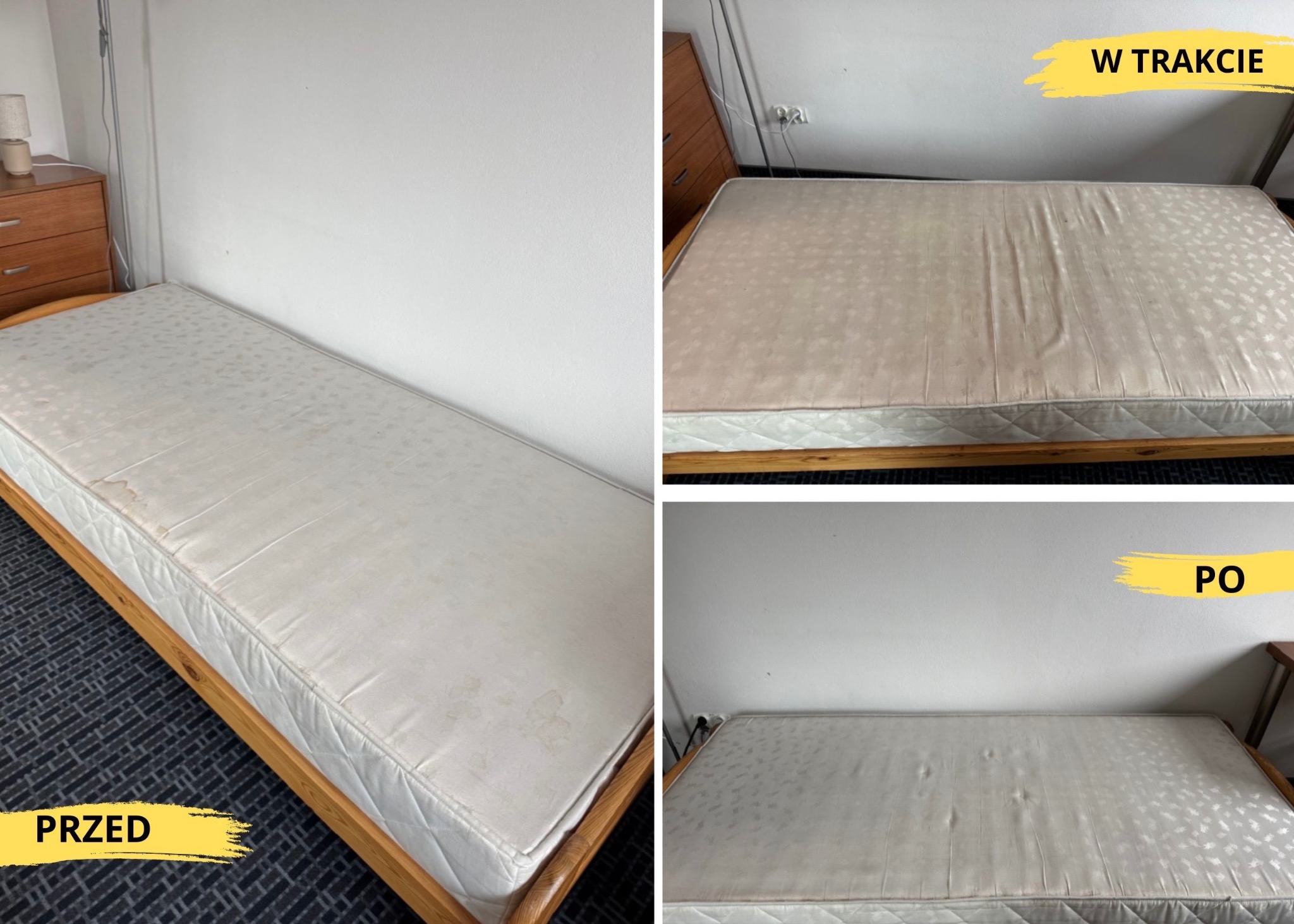 Kolaż przedstawiający materac na drewnianej ramie łóżka w trzech etapach: 'Przed' z widocznymi plamami, 'W trakcie' z jaśniejszymi plamami, i 'Po' z czystą powierzchnią.