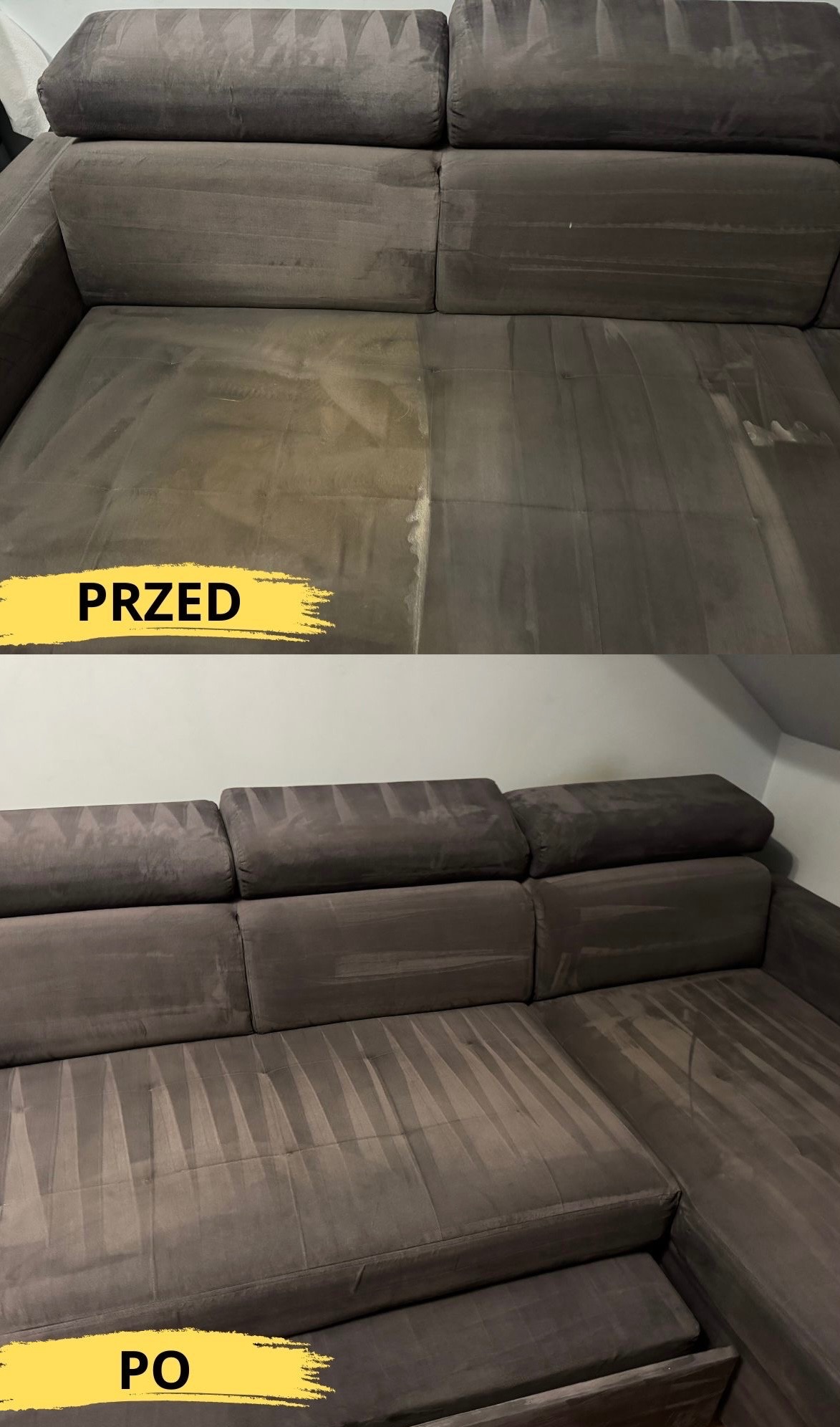 Porównanie stanu sofy narożnej przed i po czyszczeniu, widoczne wyraźne różnice w kolorze i czystości tapicerki.