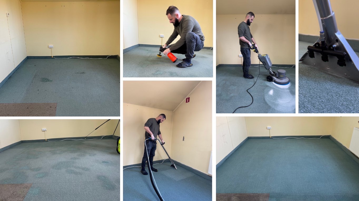 Seria ujęć prezentująca proces czyszczenia zielonego dywanu w pomieszczeniu o żółtych ścianach, z użyciem różnych urządzeń czyszczących przez mężczyznę z brodą, od stanu zabrudzonego do odświeżonego.