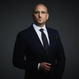 Portret mężczyzny w ciemnym garniturze, białej koszuli i krawacie w paski, z poszetką w kieszonce, na ciemnoszarym tle.