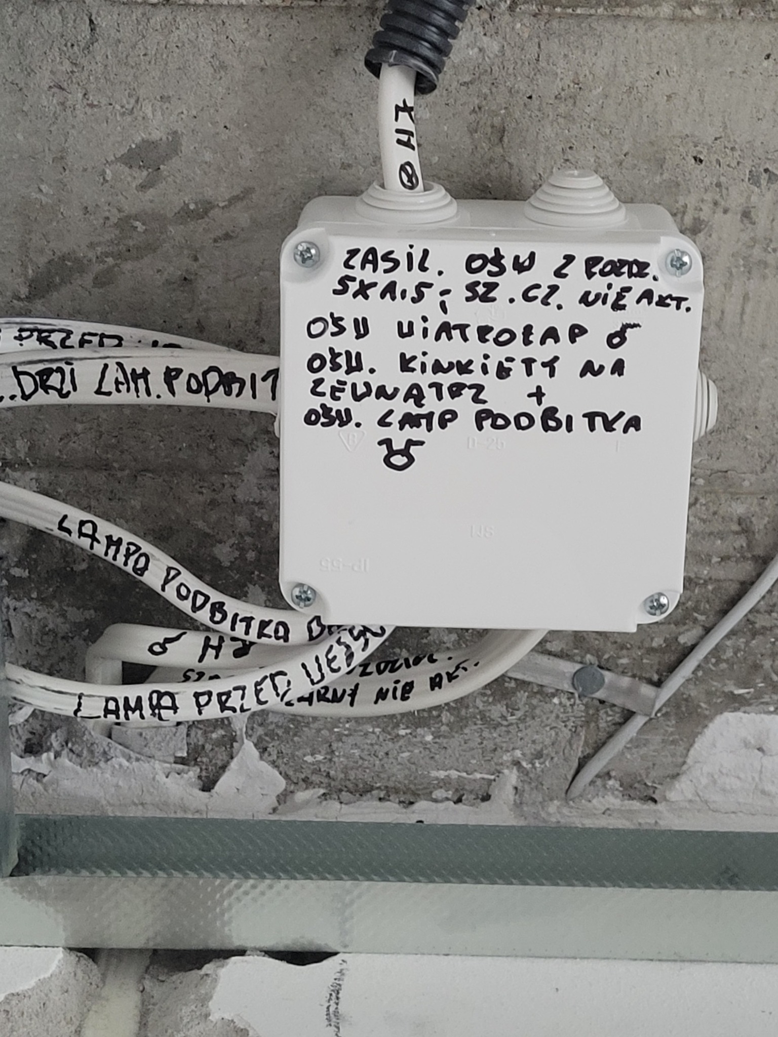 Puszka elektryczna z przewodami na szarym, surowym tle. Na puszce odręczne notatki dotyczące obwodów. Widoczne kable i fragment konstrukcji.