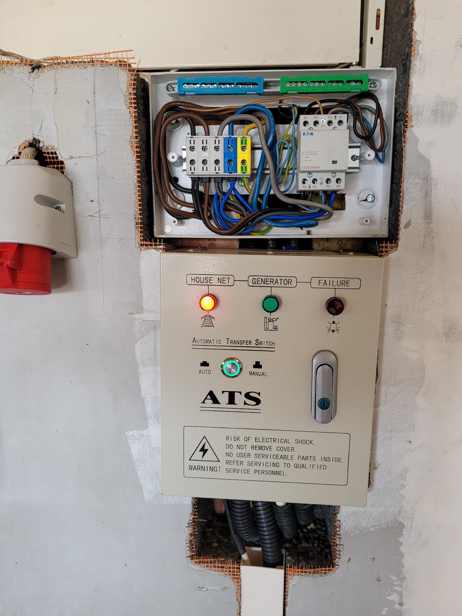 Skrzynka elektryczna ATS (Automatic Transfer Switch) z widocznymi przewodami i elementami sterującymi, zamontowana na surowej ścianie z widoczną siatką wzmacniającą.
