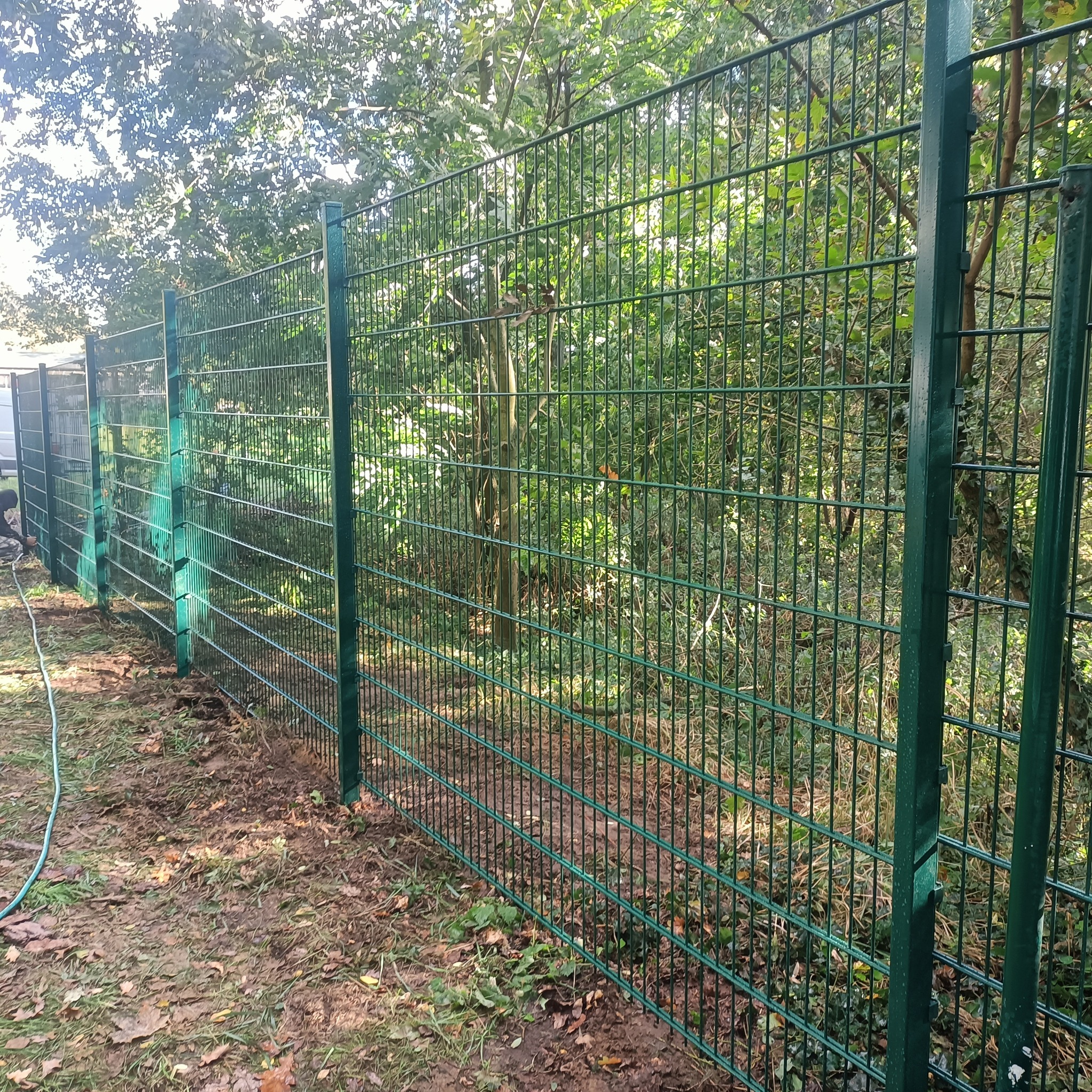 Zielone ogrodzenie panelowe z widocznym słupkiem i siatką na tle drzew i ziemi, z pozostawionym wężem ogrodowym.