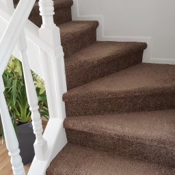 Ludwik  Grudzień - Bieg schodów wyłożony brązową wykładziną dywanową, biała balustrada z dekoracyjnymi tralkami, doniczka z zielonymi roślinami w tle, kabel z wtyczką leżący na dolnym stopniu.