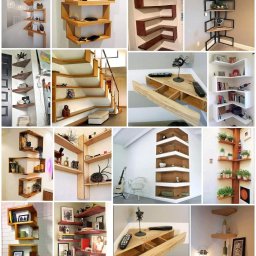 WoodWorld - Świat Drewna - Kompilacja zdjęć przedstawiających różnorodne, designerskie półki narożne, wiszące i stojące, wykonane z drewna i metalu, prezentujące różne style i aranżacje wnętrz.