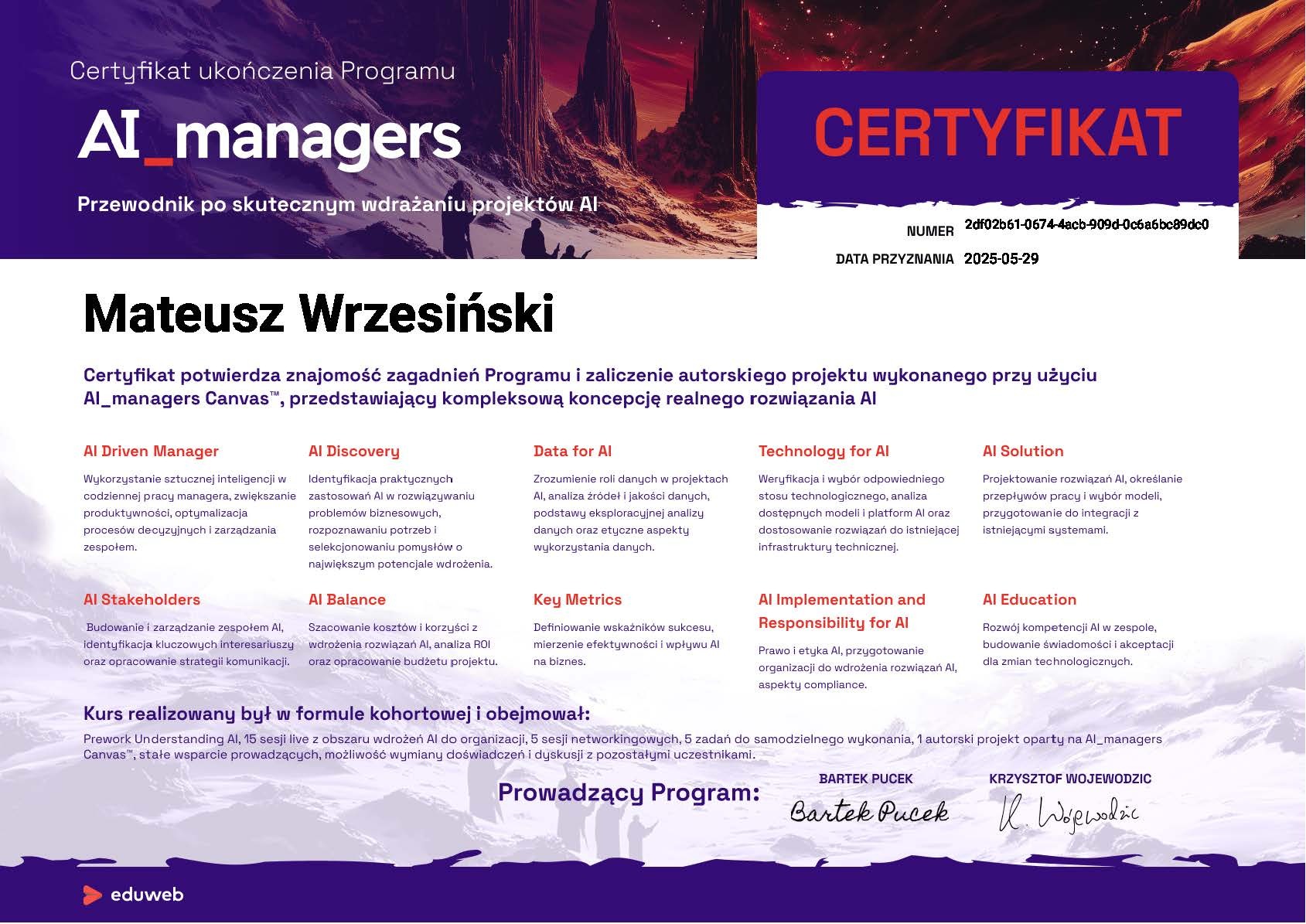 Certyfikat ukończenia programu AI_managers, potwierdzający znajomość zagadnień i zaliczenie autorskiego projektu, z datą przyznania 2025-05-29.