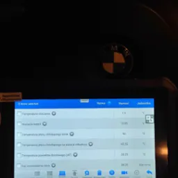 Ekran urządzenia diagnostycznego z odczytami temperatury płynu chłodzącego, napięcia baterii i kąta wyprzedzenia zapłonu w samochodzie BMW, widoczne zegary deski rozdzielczej i logo marki.