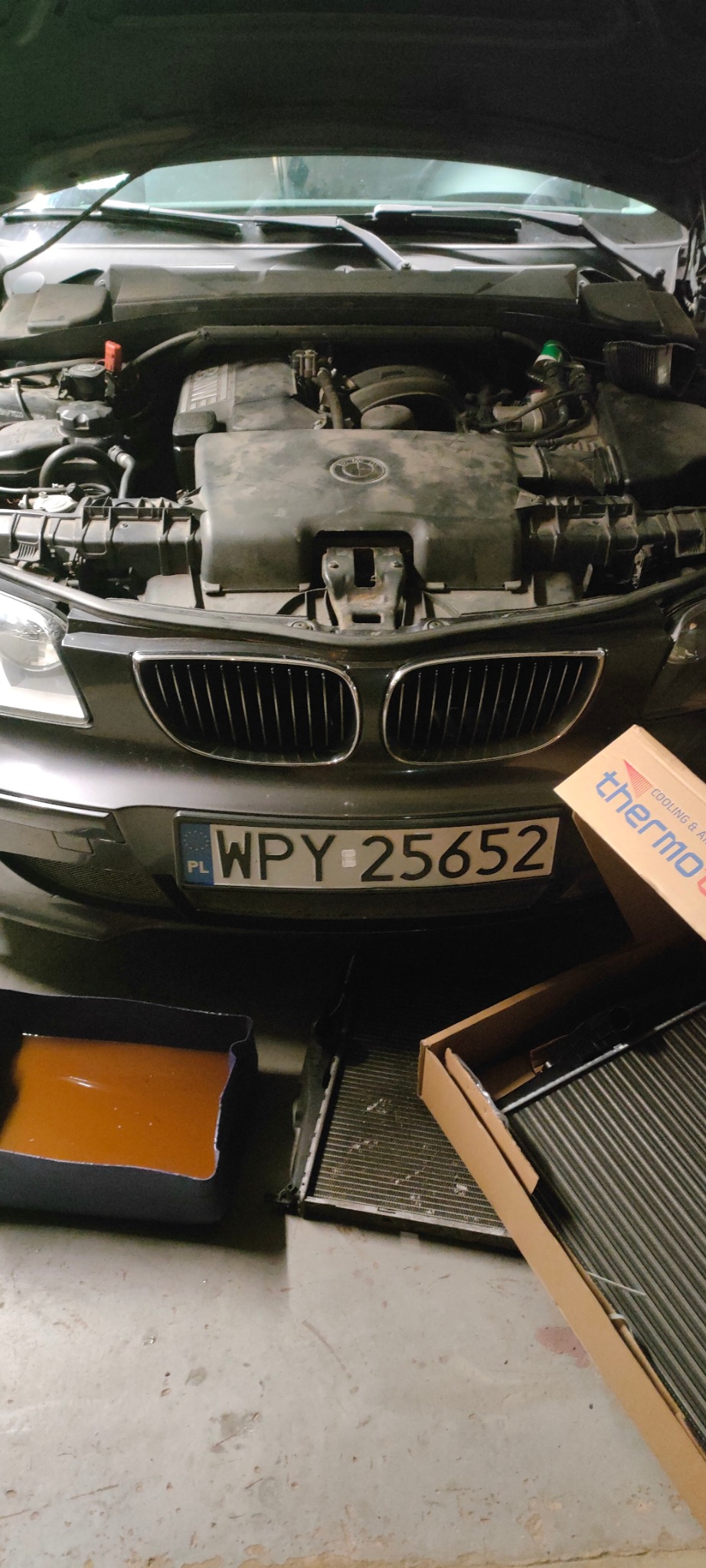 Otwarta maska samochodu BMW, widoczny silnik, poniżej pojemnik z płynem chłodniczym i nowy, zapakowany chłodnica marki Thermo-Tec, tablica rejestracyjna WPY 25652.