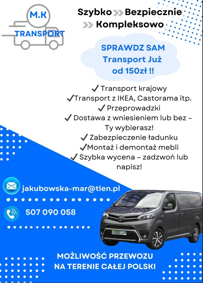 Reklama firmy oferującej usługi transportowe i przeprowadzkowe, z widocznym busem, logo firmy, adresem e-mail i numerem telefonu.