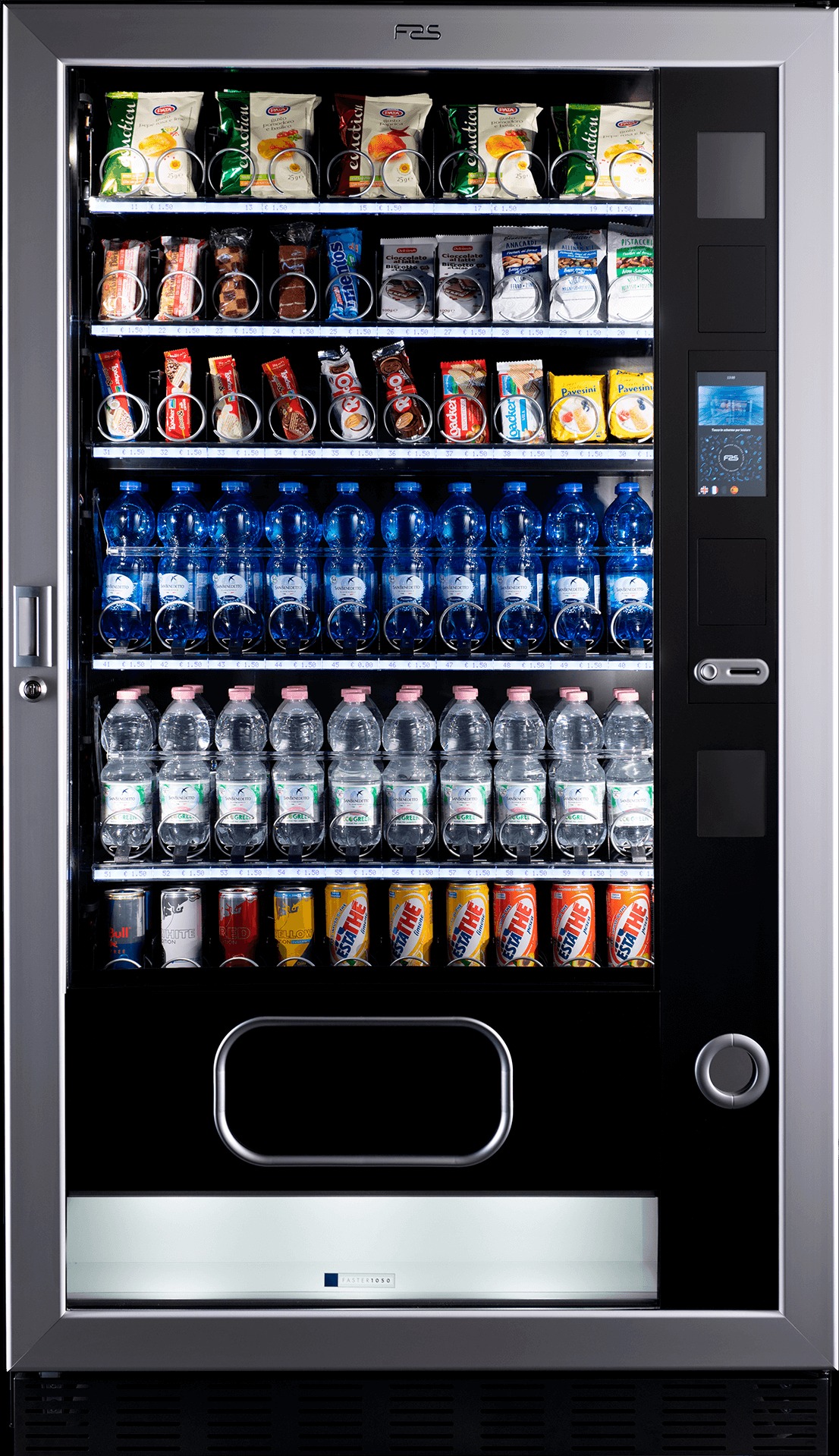 Automat vendingowy z przekąskami, napojami i wodą mineralną, widok z przodu, oświetlony, z widocznym panelem sterowania i wyborem produktów.