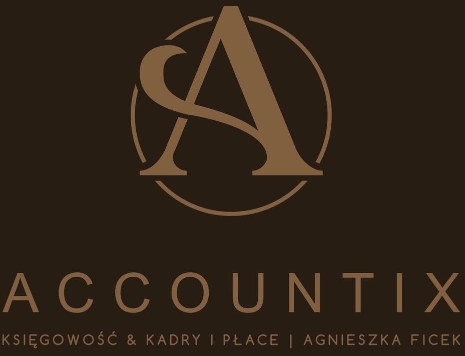 Eleganckie logo firmy Accountix w odcieniach brązu, z dużą literą 'A' w okręgu, poniżej nazwa firmy i informacja o usługach: księgowość, kadry, płace oraz imię i nazwisko Agnieszka Ficek.