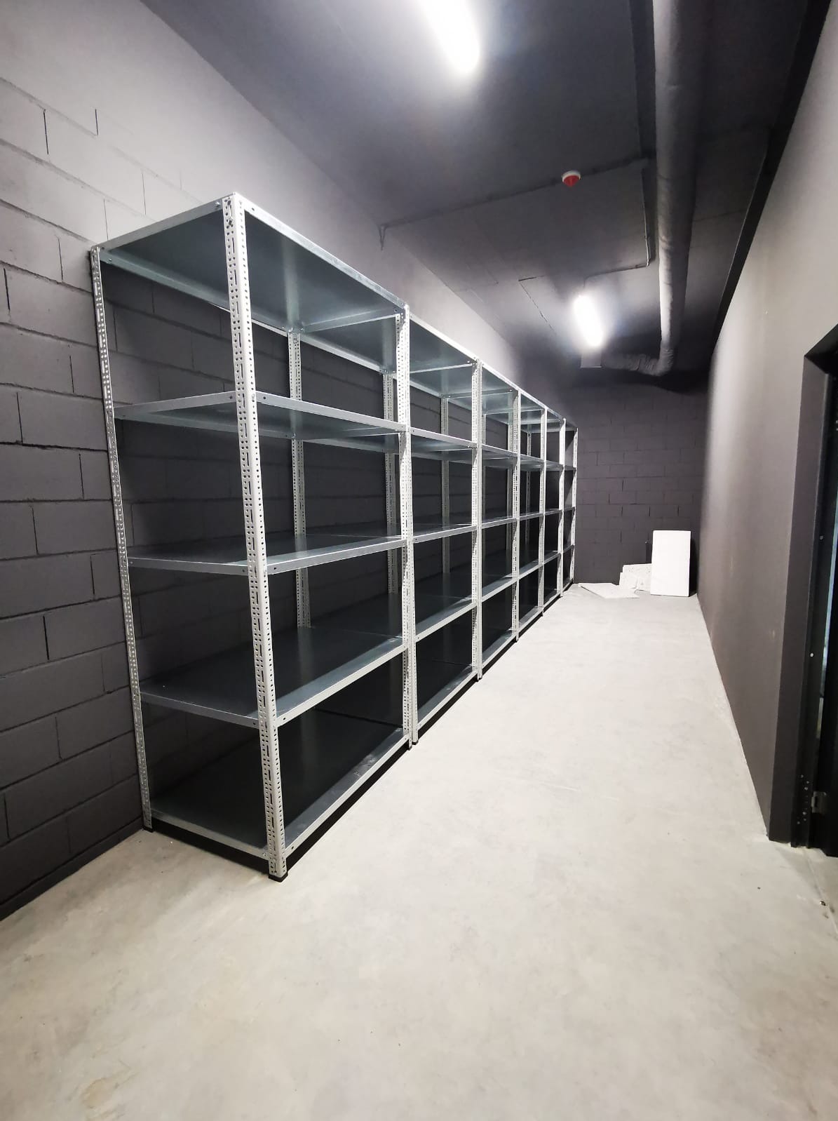 Szereg metalowych regałów magazynowych z szarymi ścianami i betonową podłogą, oświetlonych lampami sufitowymi. Widok na wnętrze magazynu.