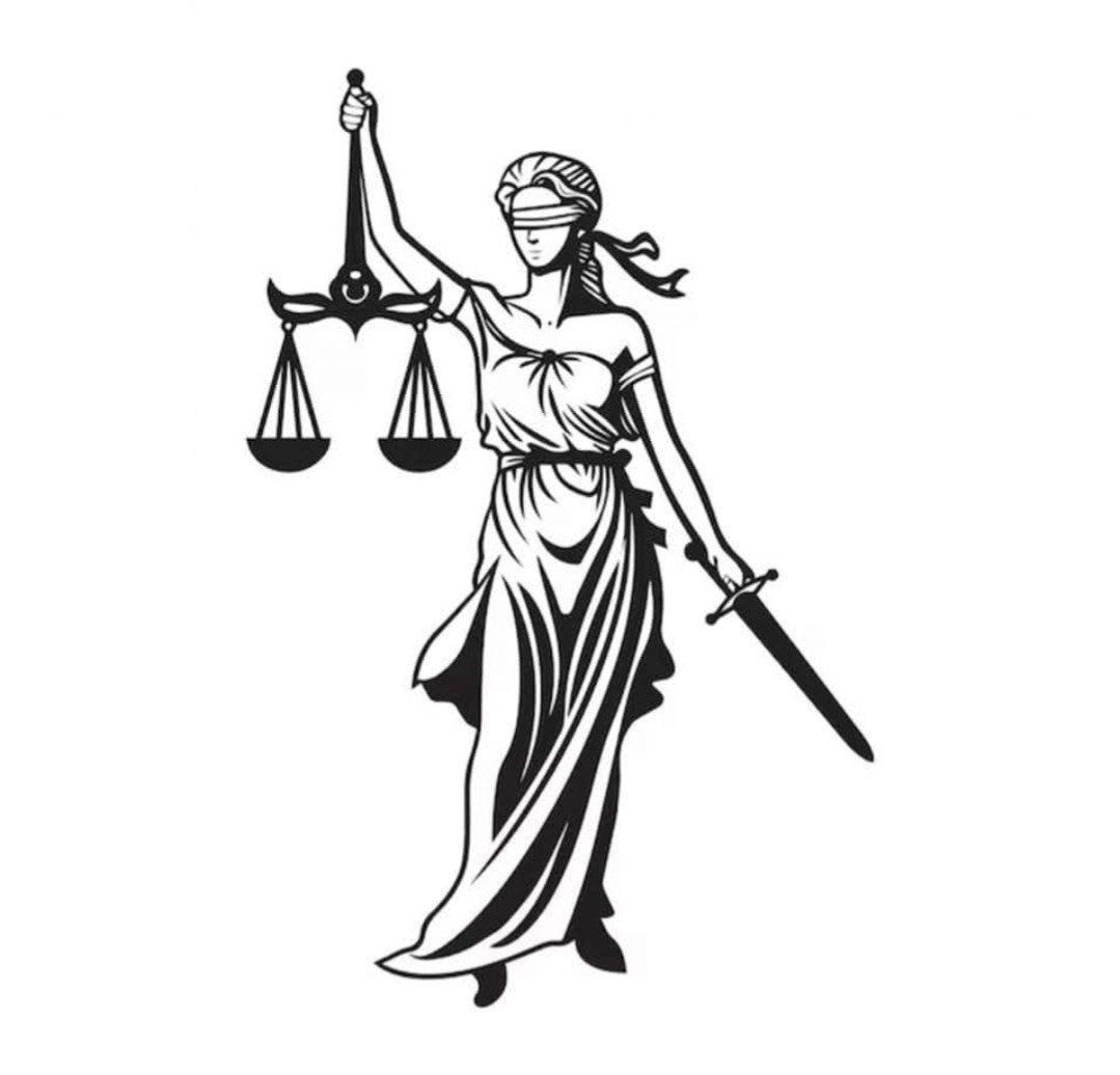 Czarno-biała grafika Temidy, bogini sprawiedliwości, z wagą w lewej ręce i mieczem w prawej, symbolizująca bezstronność i prawo.