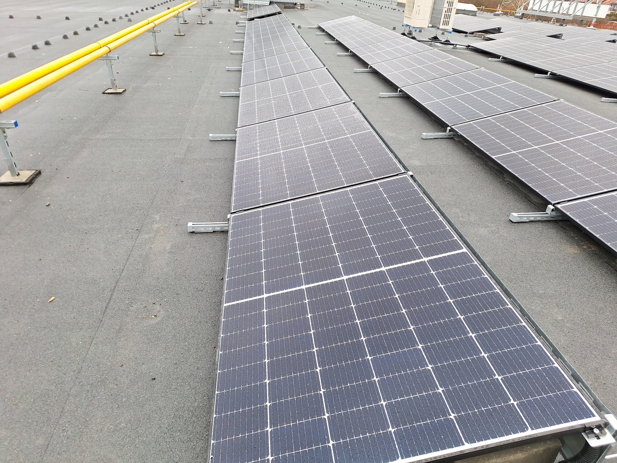 Rząd paneli słonecznych zamontowanych na płaskim dachu, widoczne żółte rury wentylacyjne i system mocowań.