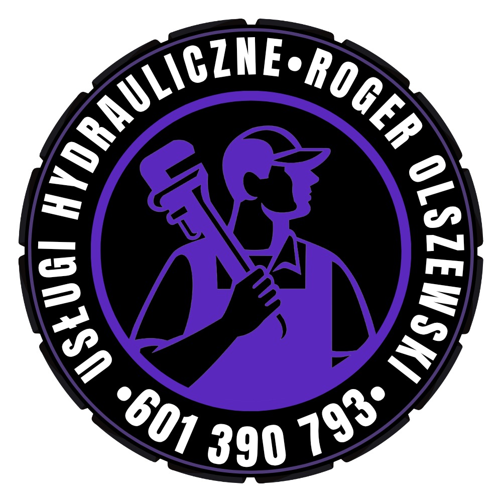 Logo firmy hydraulicznej: stylizowana sylwetka hydraulika z kluczem francuskim na ramieniu, otoczona napisem 'Usługi Hydrauliczne Roger Olszewski' oraz numerem telefonu, wszystko w kolorach czarnym...