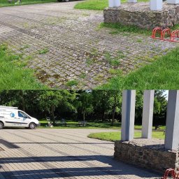 ELEPHANT CLEAN M&K - Częściowo wyczyszczona kostka brukowa na parkingu, widoczny biały samochód dostawczy z otwartymi drzwiami oraz fragment konstrukcji z kolumnami.