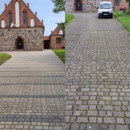 ELEPHANT CLEAN M&K - Dwa rodzaje kostki brukowej prowadzące do budynku kościoła, po prawej stronie widoczny bus.