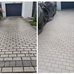 ELEPHANT CLEAN M&K - Porównanie kostki brukowej przed i po czyszczeniu, widoczna różnica w kolorze i usunięte zabrudzenia, fragment posesji z garażem w tle.