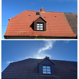 ELEPHANT CLEAN M&K - Porównanie dachu przed i po czyszczeniu: górna część z dachówką w odcieniach czerwieni, dolna część z ciemnobrązową dachówką, widoczne okno dachowe i fragment drabiny.