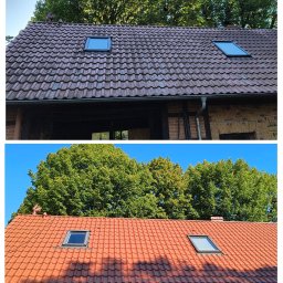 ELEPHANT CLEAN M&K - Porównanie dachu przed i po czyszczeniu: Brudna, ciemna dachówka kontra czysta, jaskrawoczerwona dachówka z oknami dachowymi na tle zielonych drzew.