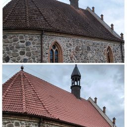 ELEPHANT CLEAN M&K - Porównanie dachu kościoła przed i po czyszczeniu: brązowa, zabrudzona dachówka kontra czysta, czerwona dachówka, kamienna elewacja, wieżyczka.