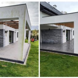 ELEPHANT CLEAN M&K - Porównanie elewacji domu przed i po czyszczeniu: po lewej stronie ślady zabrudzeń i mchu, po prawej czysta, biała powierzchnia, widoczny taras z szarej kostki i zielony trawnik.