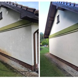 ELEPHANT CLEAN M&K - Porównanie elewacji budynku w Stargardzie przed i po myciu, ukazujące usunięcie zabrudzeń i odświeżenie koloru.