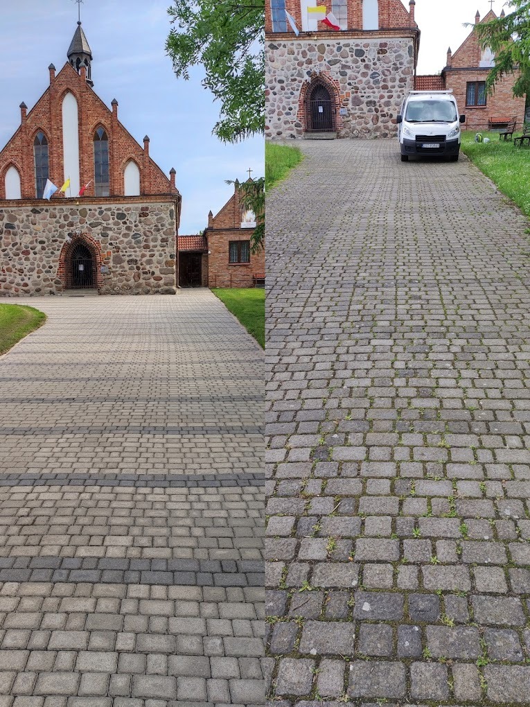 Dwa rodzaje kostki brukowej prowadzące do budynku kościoła, po prawej stronie widoczny bus.