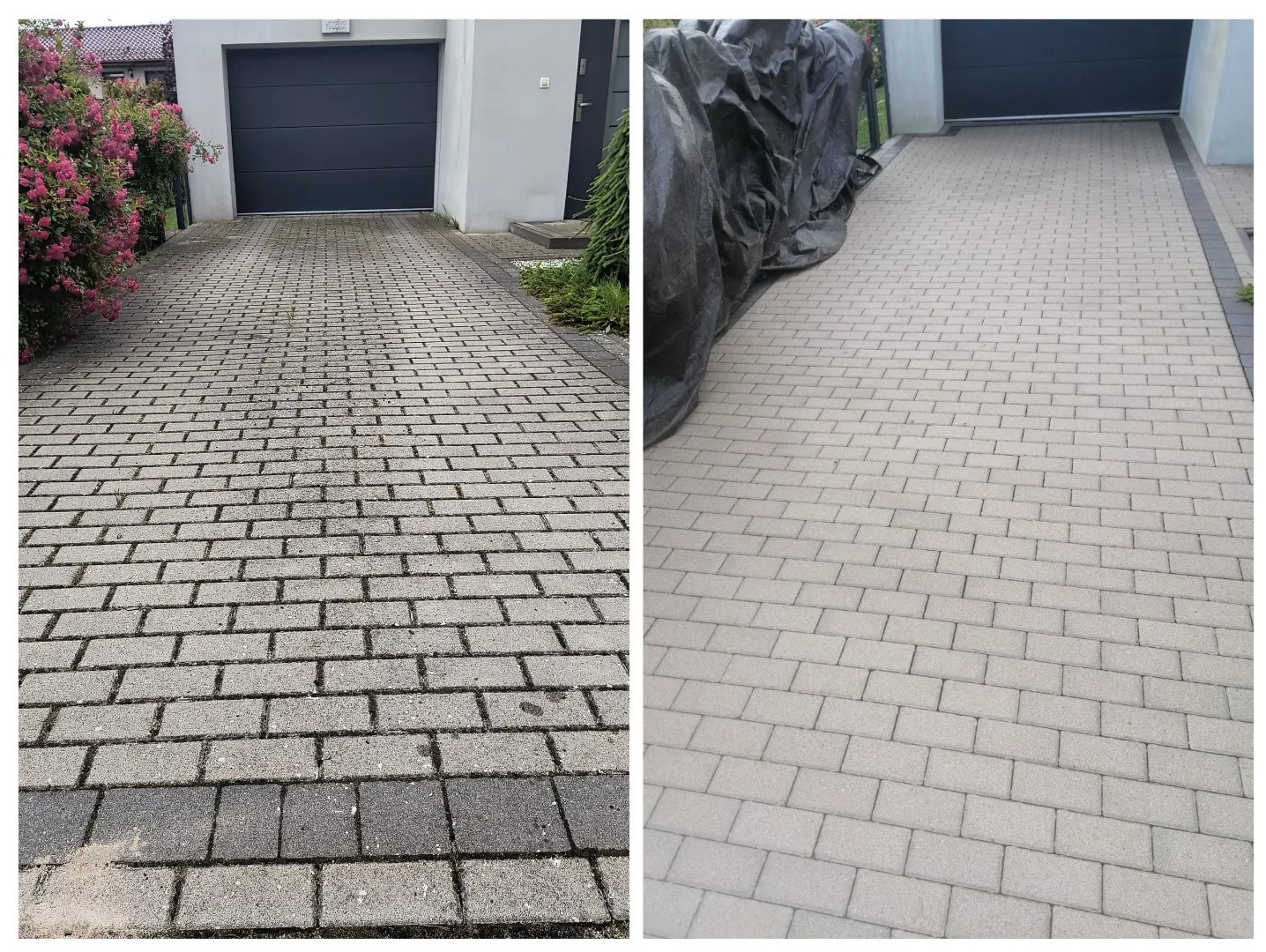Porównanie kostki brukowej przed i po czyszczeniu, widoczna różnica w kolorze i usunięte zabrudzenia, fragment posesji z garażem w tle.