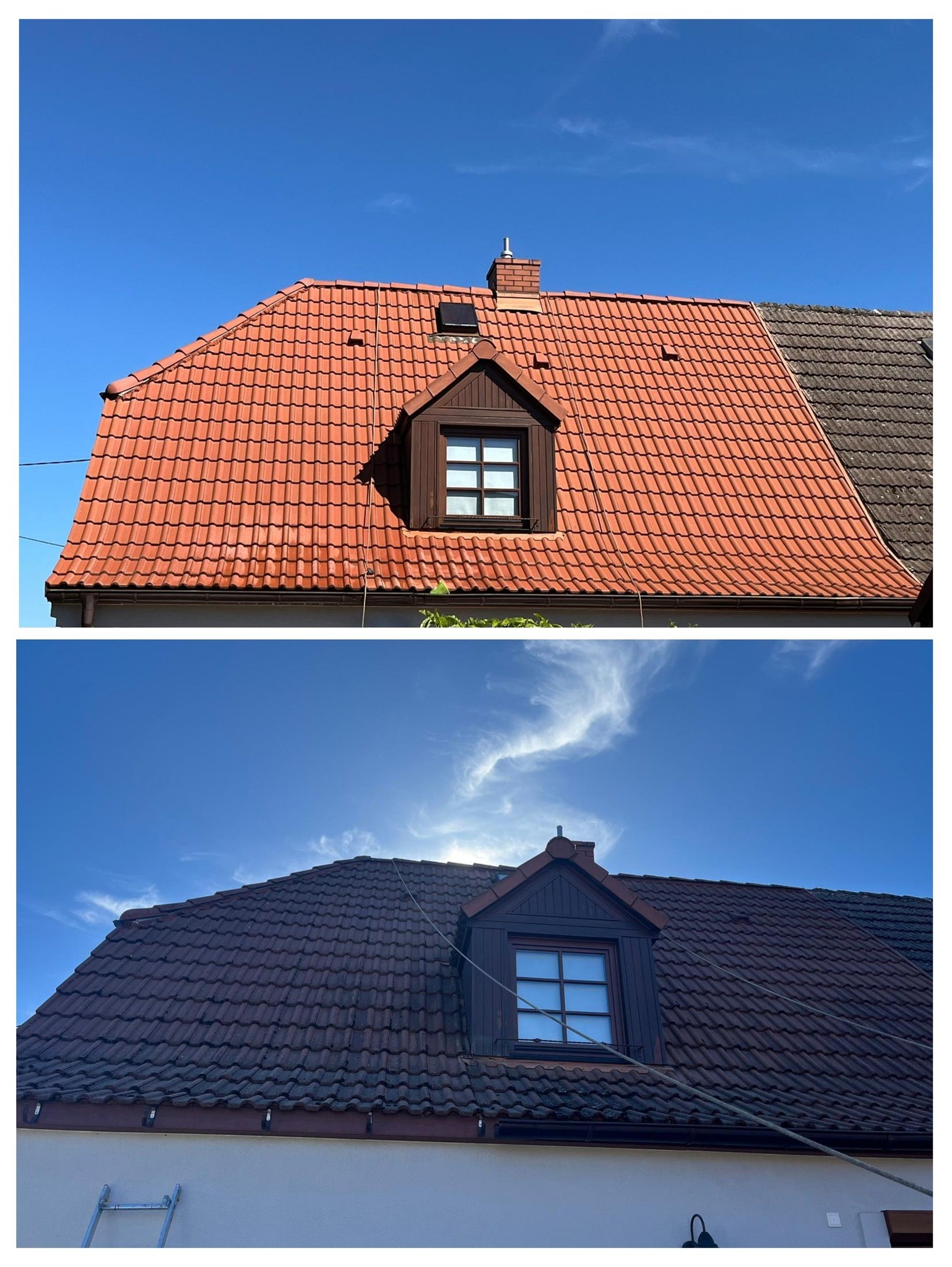 Porównanie dachu przed i po czyszczeniu: górna część z dachówką w odcieniach czerwieni, dolna część z ciemnobrązową dachówką, widoczne okno dachowe i fragment drabiny.