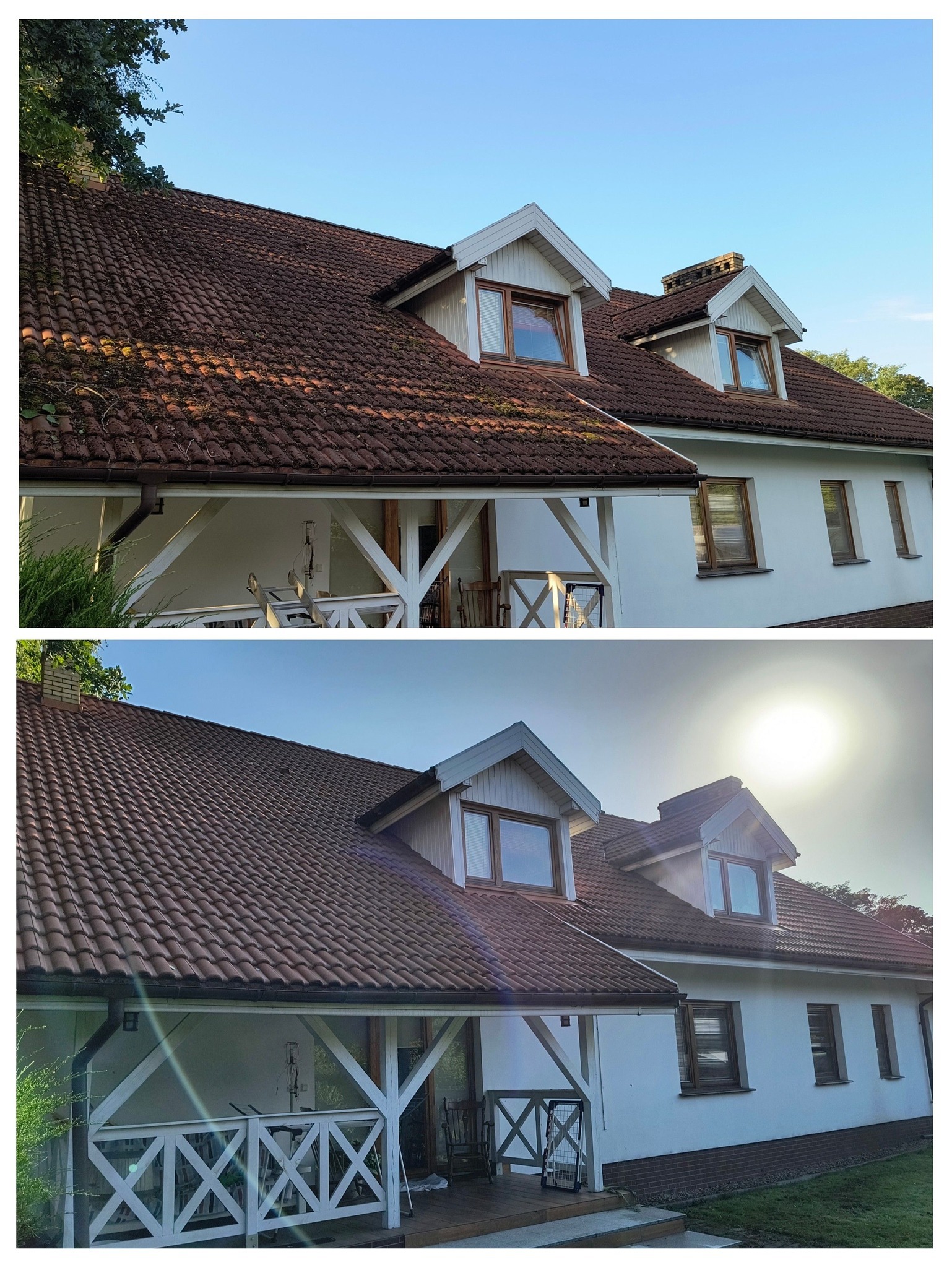 Porównanie dachu przed i po czyszczeniu: górna część z widocznym mchem i zabrudzeniami, dolna część dachu z czystą, czerwoną dachówką, biała elewacja budynku z drewnianymi oknami.