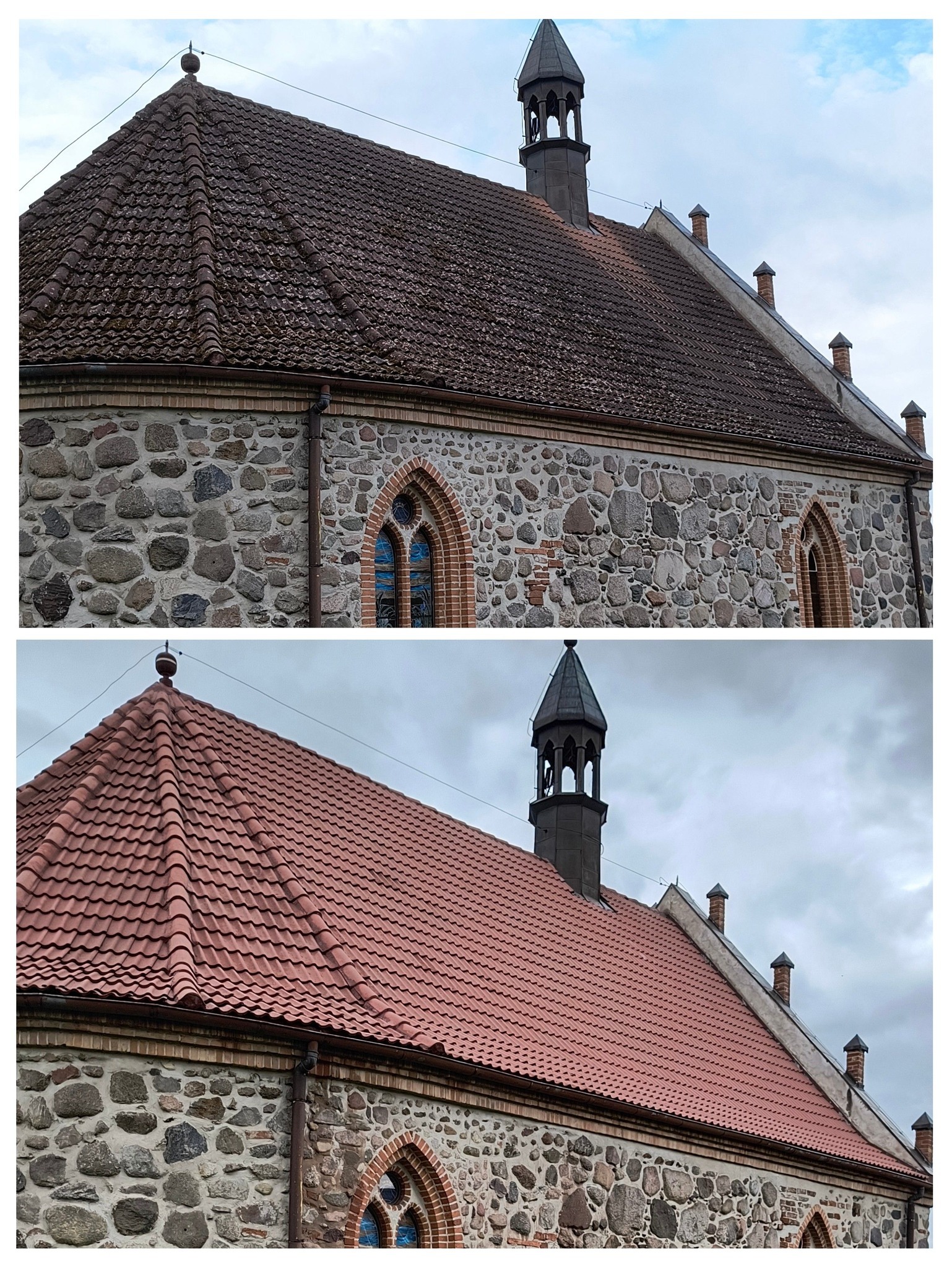 Porównanie dachu kościoła przed i po czyszczeniu: brązowa, zabrudzona dachówka kontra czysta, czerwona dachówka, kamienna elewacja, wieżyczka.