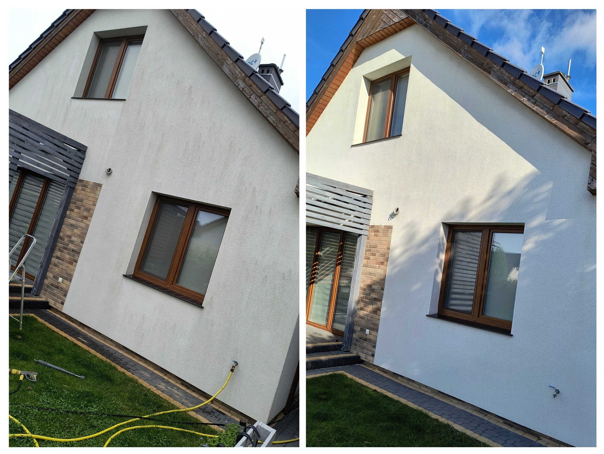 Porównanie elewacji domu przed i po czyszczeniu, widoczne różnice w kolorze i usunięcie zabrudzeń, z bliska widoczny fragment ogrodu z wężem ogrodowym.