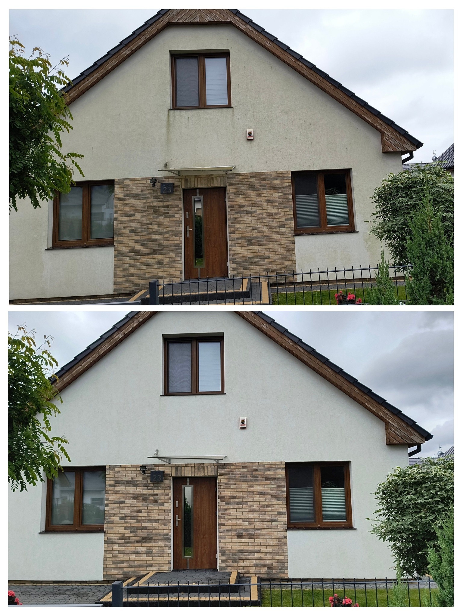 Porównanie stanu elewacji domu jednorodzinnego przed i po czyszczeniu, widoczne różnice w jasności i czystości powierzchni ściany.