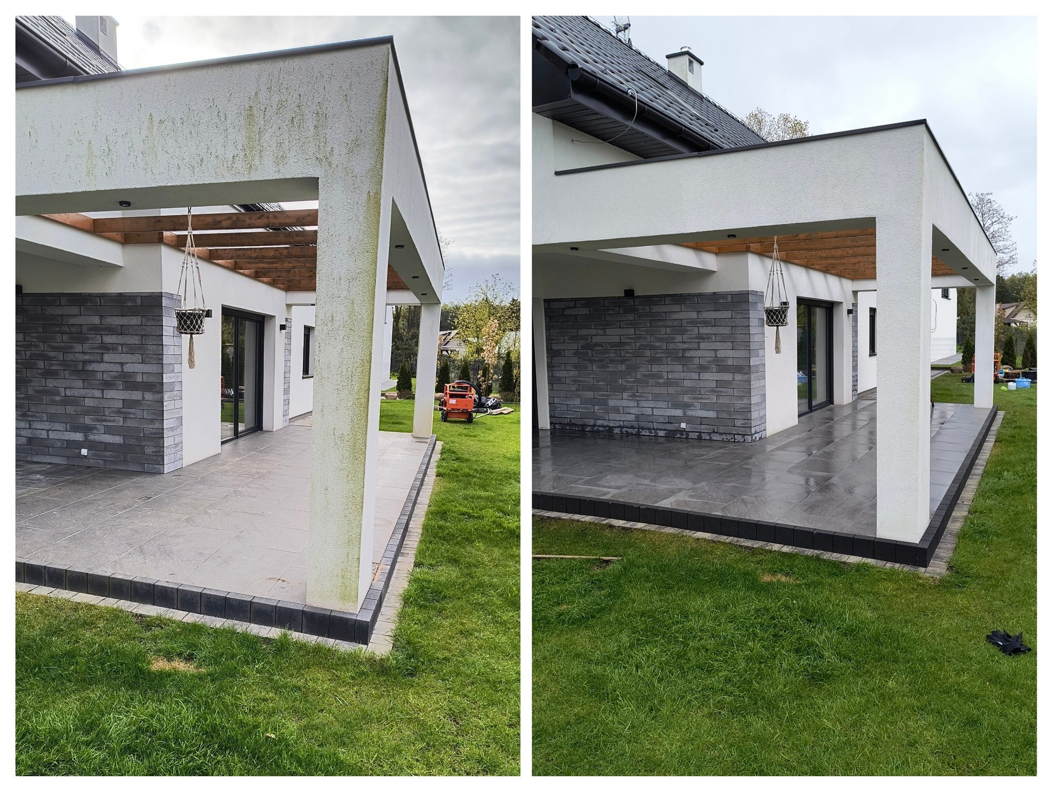 Porównanie elewacji domu przed i po czyszczeniu: po lewej stronie ślady zabrudzeń i mchu, po prawej czysta, biała powierzchnia, widoczny taras z szarej kostki i zielony trawnik.
